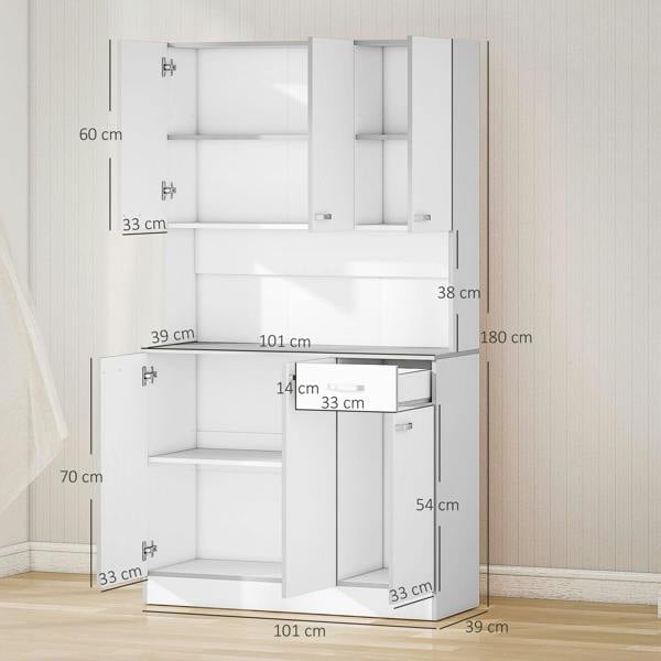 White freestanding cabinet with open compartments, adjustable shelving, and pull-out drawer