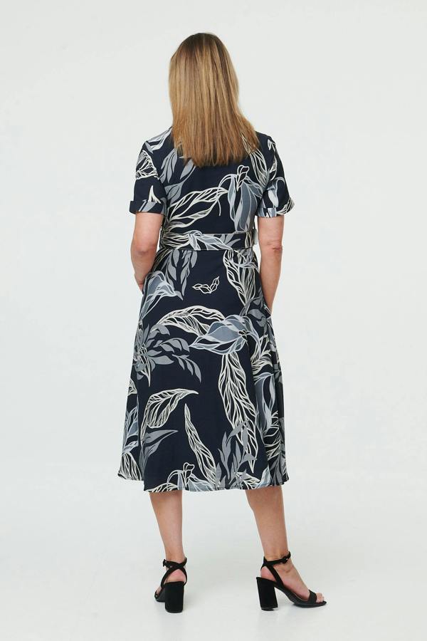 Navy | Leaf Print Short Sleeve Midi Shirt Dress