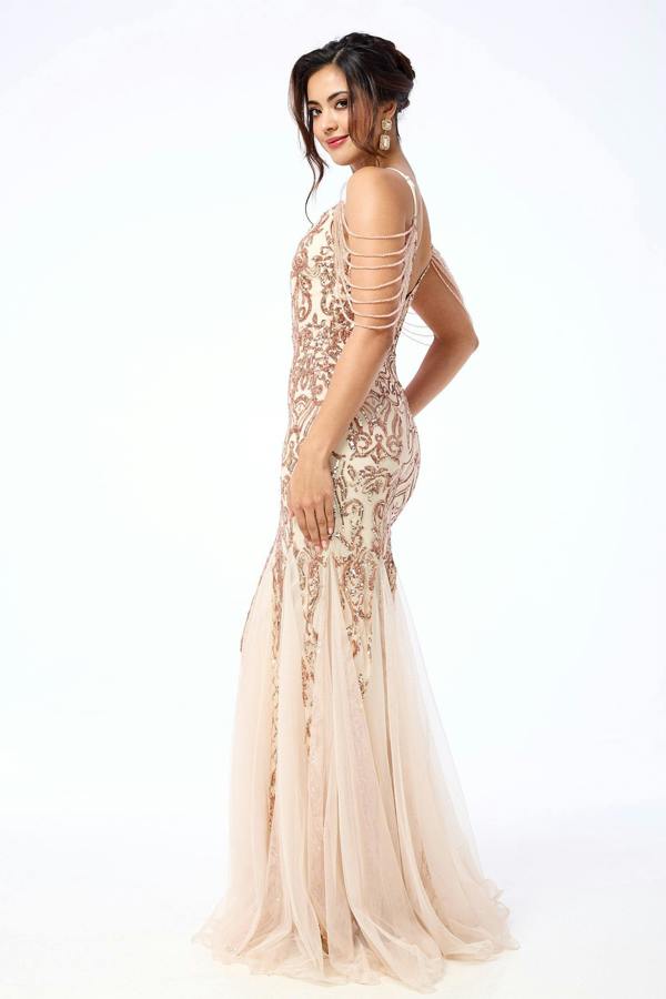 LuvForever Diora - Gold Jewelled Shoulder Sequin Maxi Dress