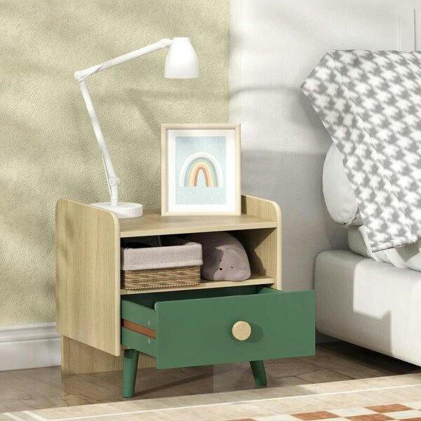 Kids Bedside Table with Drawer and Open Storage Shelf, Wooden Nightstand for Bedroom, Bedside Cabinet, Green