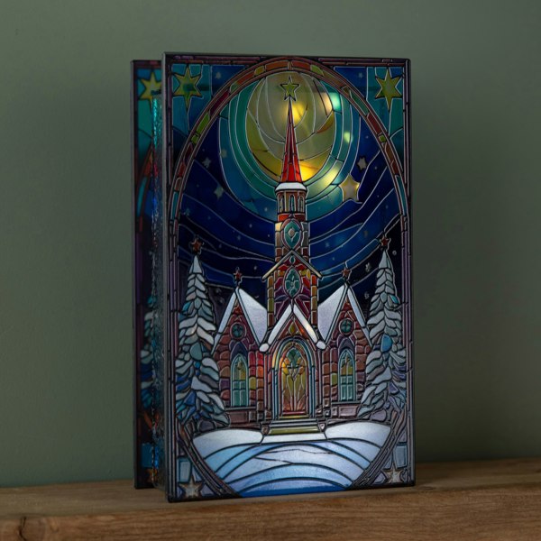 Samuel Alexander 21cm Battery Operated Light up Stained Glass Christmas Decoration with Church Scene & Warm White LEDs