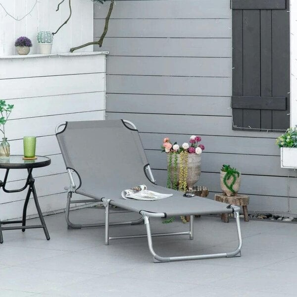 Reclining Sun Lounger Chair Folding Camping Bed with 4-Position Adjustable Backrest, Grey