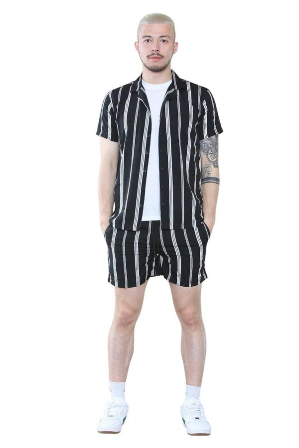 Men's Black Striped Shirt and Shorts Set