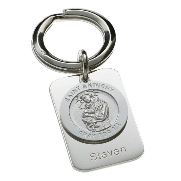 Christopher James of London Sterling Silver Personalised Rectangle St Anthony Keyring With Prayer