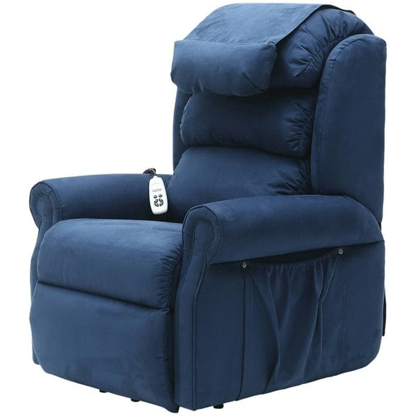 Dual Motor Rise and Recline Armchair - Waterfall Pillow - Blue Suedette Fabric Loops