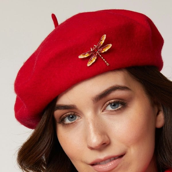 Red beret, vintage 1940s style hat, dragonfly brooch accessory
