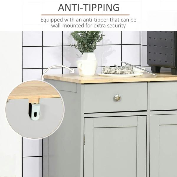 Grey sideboard with rubberwood top and anti-tip security feature, single drawer and door unit