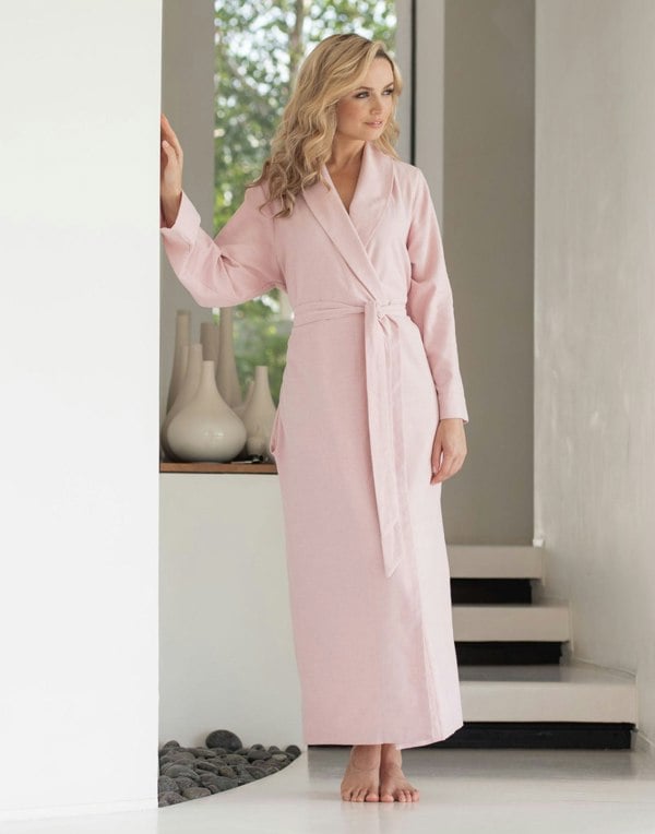 British Boxers Women's Brushed Cotton Dressing Gown – Powder Pink Herringbone