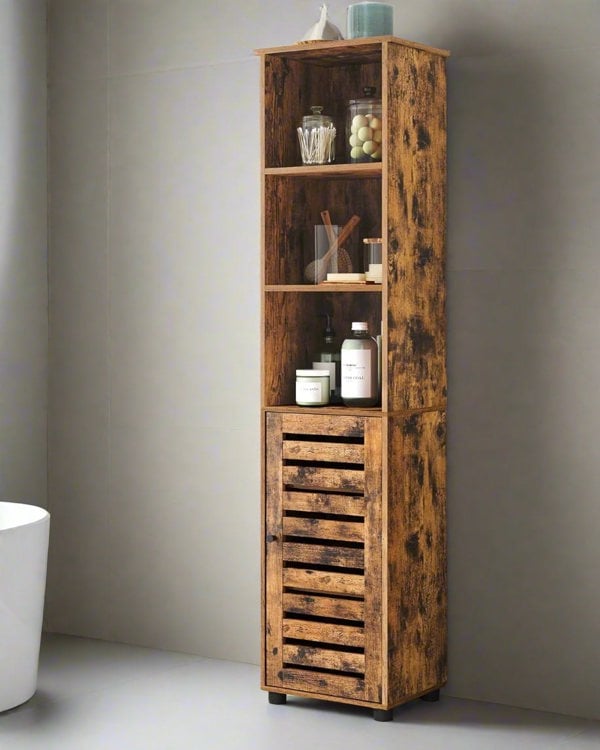 Modcraft Rustic Brown Floor Cabinet with Door & Open Shelves, Adjustable Storage, 167cm Tall