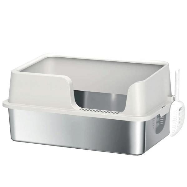 Light grey stainless steel litter box with detachable rim and built-in scoop holder