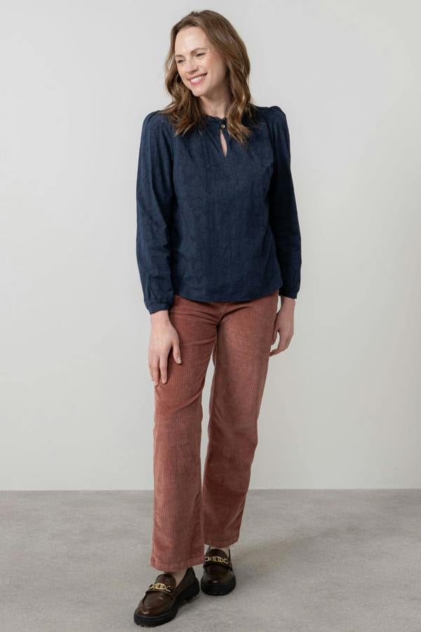 Lily & Me Emily Textured Jacquard Keyhole Blouse Navy