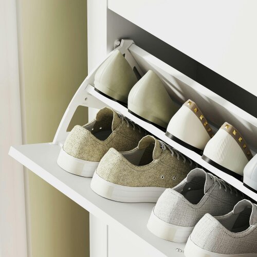 Wyld Haus Makeve Wooden White and Natural Modern 3 Drawer Shoe Cabinet Faux Leather Handles