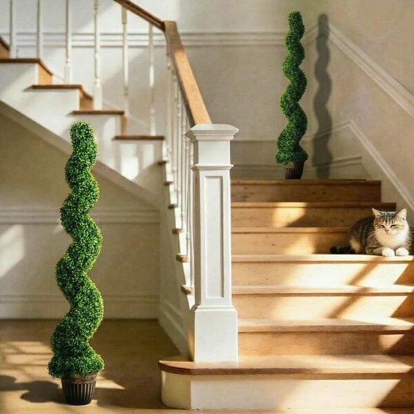 Set of 2 Artificial Plants, Topiary Spiral Boxwood Trees with Pot, for Home Indoor Outdoor Decor, 150cm - Green