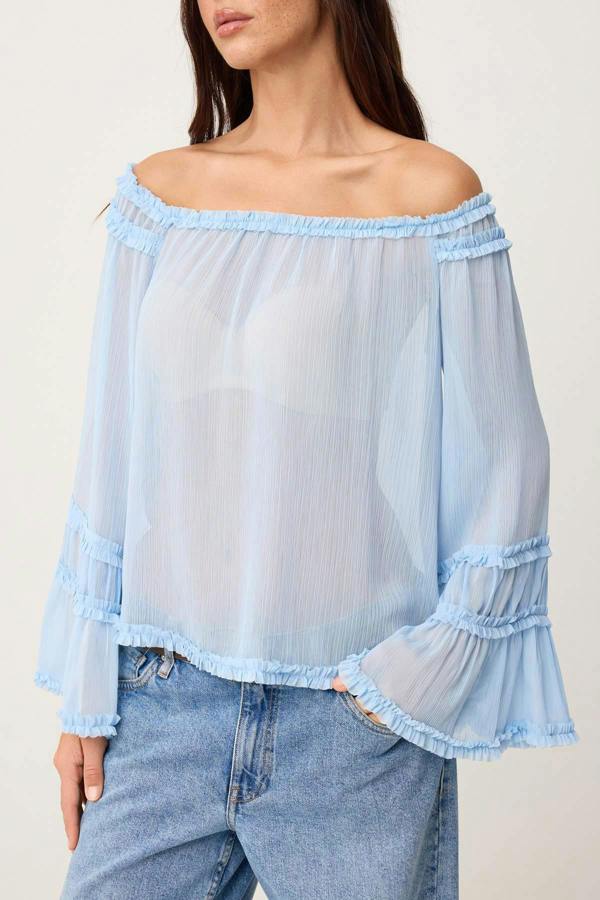 WOVCOR Carmen Neck Ruffle Detail Sheer Woven Blouse