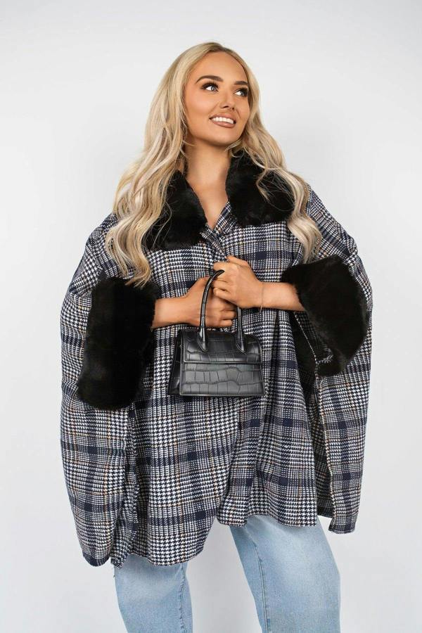 Nerina Check Oversized Jacket With Faux Fur Trim - Navy