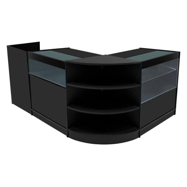 Europa LED Shop Counter Set in sleek black, featuring curved and straight sections, glass display shelves, and modern design elements