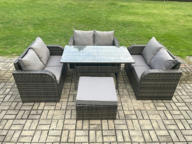 Fimous Wicker PE Rattan Sofa Outdoor Garden Furniture Set with Rectangular Dining Table Big Footstool Dark Grey Mixed