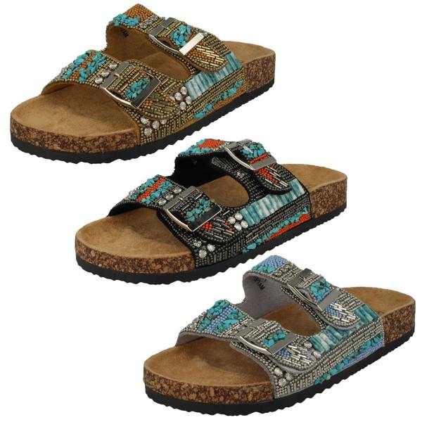 Down to Earth Ladies Down To Earth Dual Buckle Strap Beaded Mule Sandals F00251