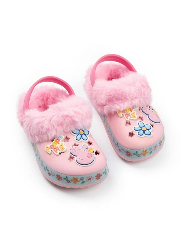 Peppa Pig Girls Pink Flowers Fur Lined Clogs