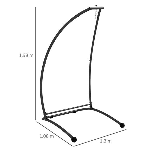 Black metal hammock chair stand showing dimensions with curved arch and base