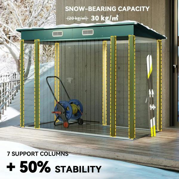 Green metal storage shed with double doors open, snow load capacity and support columns shown