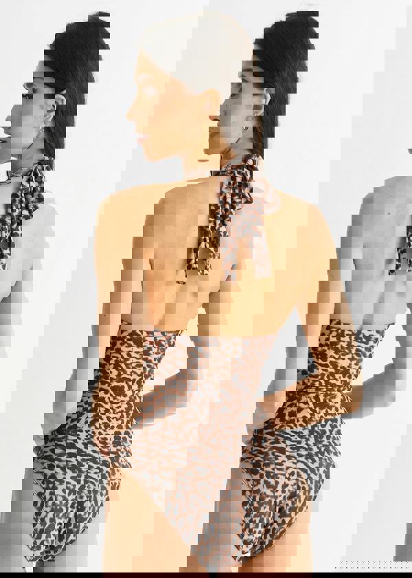 Gini London Brown Animal Print Twisted Cut Out Halter Swimsuit