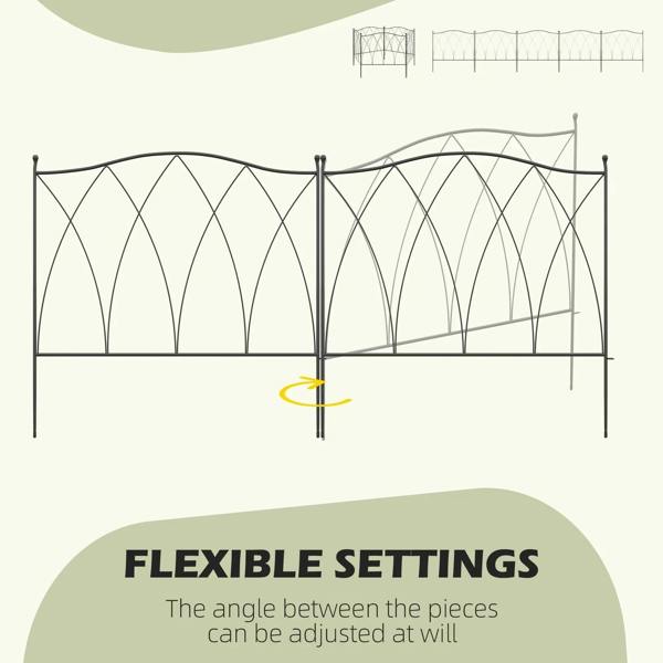 Black arched metal fence panels connected at an adjustable angle, shown in layout