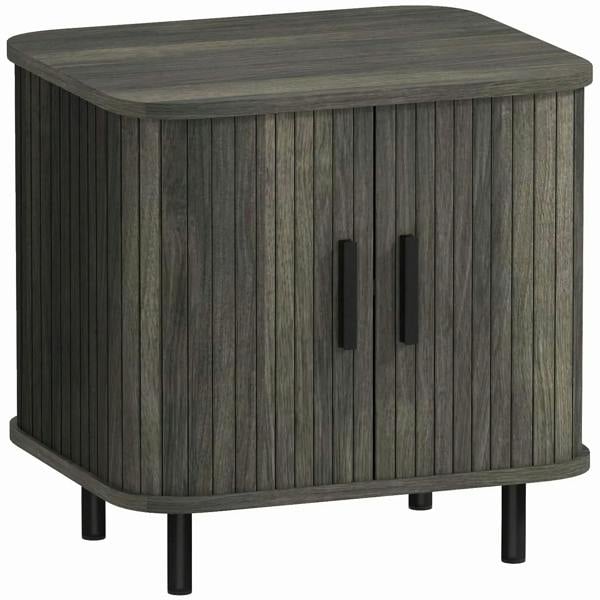 Grey bedside table with roller shutter-style sliding doors and metal legs