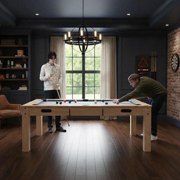 7-In-1 oak games table with a sleek design, featuring a pool table, darts, and LED light, set in a stylish room with natural light