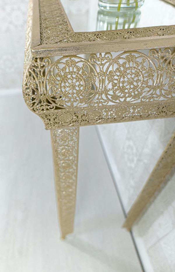 Downton Interiors Light Gold Embossed Metal Mirrored Glass Console Table - Agadir Range