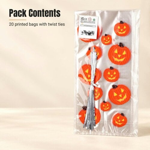 Shatchi 13x30cm Pumpkin Cello Gift Bags with Twist Ties, Pack of 20 for Halloween Treats