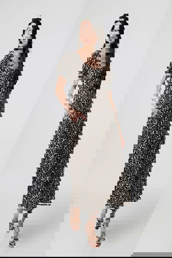 Beige | Animal Print Short Puff Sleeve Maxi Dress
