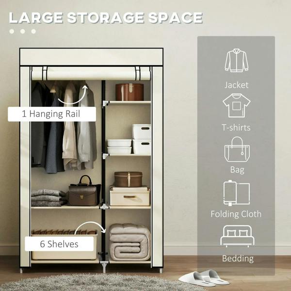 Cream fabric wardrobe with hanging rail and six shelves for hanging and folded storage