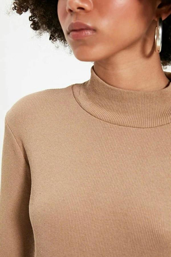 WOVCOR Fitted Stand Collar Long Sleeve Ribbed Knit Blouse