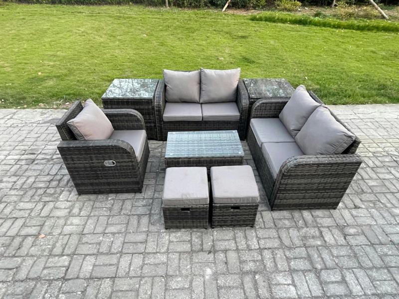 Fimous 7 Seater High Back Garden Set, Loveseat Sofa, Coffee Table, 2 Small Footstools and 2 Side Tables, Indoor Outdoor Patio Lounge, Dark Grey Mixed