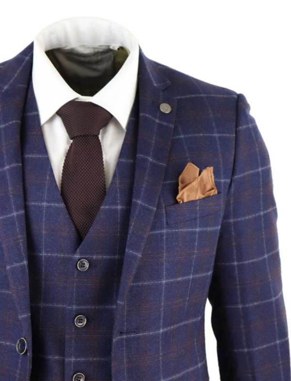 Paul Andrew Mens 3 Piece Navy Blue Wool Check Retro Suit