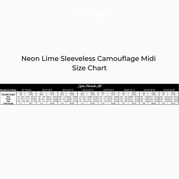 Neon Lime Sleeveless Camouflage Midi Size Chart