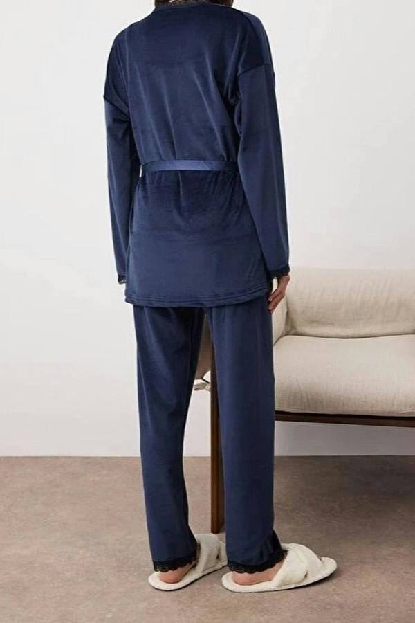 WOVCOR 3-Piece Bridal Set with Lace Details, Velvet Knitted Robe + Pajama Set