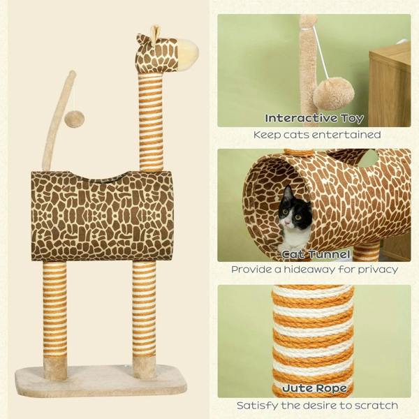 Beige giraffe-designed cat tree with enclosed cat tunnel, striped posts, and plush top