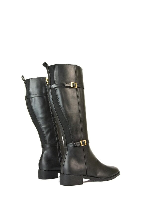 XY LONDON Flat Heel Stretch Knee High Long Boots With Buckle Details