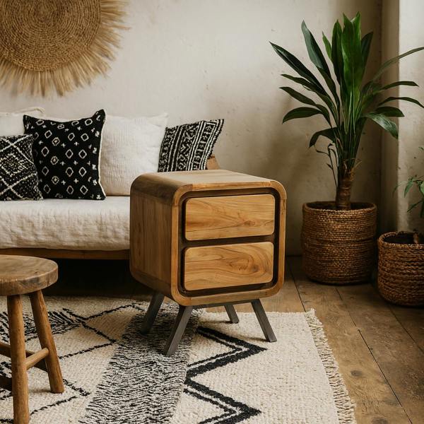 Wyld Haus Los Angeles Reclaimed Wood and Metal 2 Drawer Bedside Table