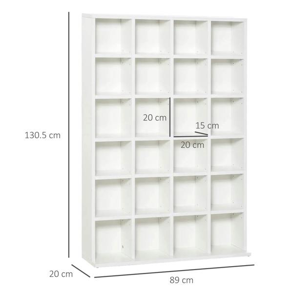 White CD storage unit with 89 cm width and 130.5 cm height, cubby shelves