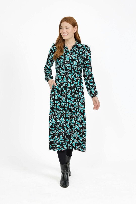 Mudflower Leaf Print Soft Touch Shirred Bodice Button-Up Midi Dress