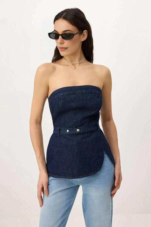 WOVCOR Belt Detail Slightly Stretchy Strapless Denim Blouse