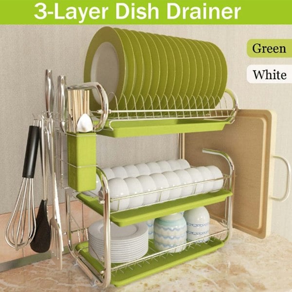 3-Tier Dish Drainer Storage Stand Bowl Plate Dryer Tray Kitchen Shelves Living and Home