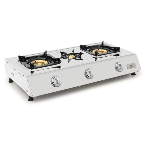 Three-burner gas stove with stainless steel surface