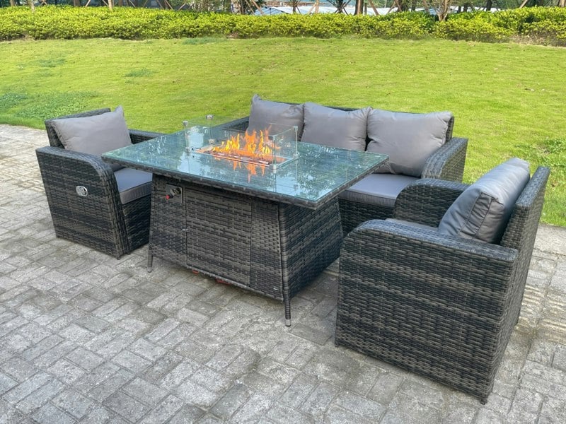 Fimous Dark Mixed Grey Rattan Outdoor Garden Furniture Gas Fire Pit Table Gas Heater Sets Lounge Sofa Reclining Adjustable Chairs 5 Seater