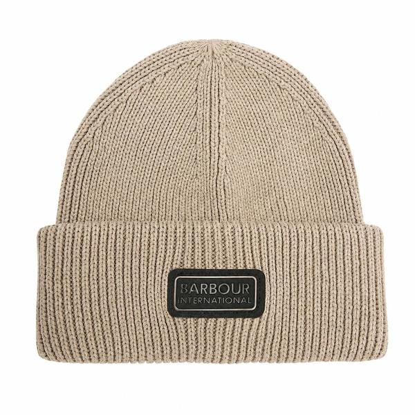 Concrete grey ribbed knit beanie with a folded cuff and black Barbour International logo patch.