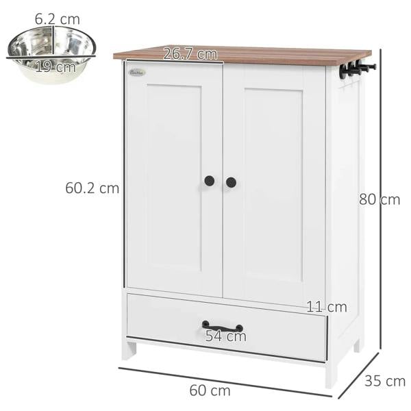White raised dog bowl feeding station with storage drawer and side mounting hooks