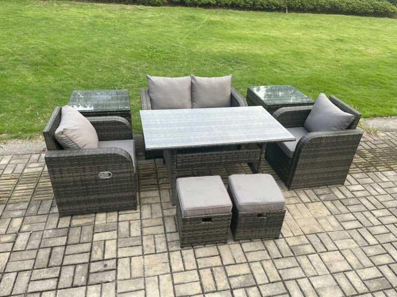 Fimous Rattan Outdoor Garden Furniture Set Rectangular Dining Table and Chair Sofa Set With 2 Side Tables 2 Small Footstools Dark Grey Mixed
